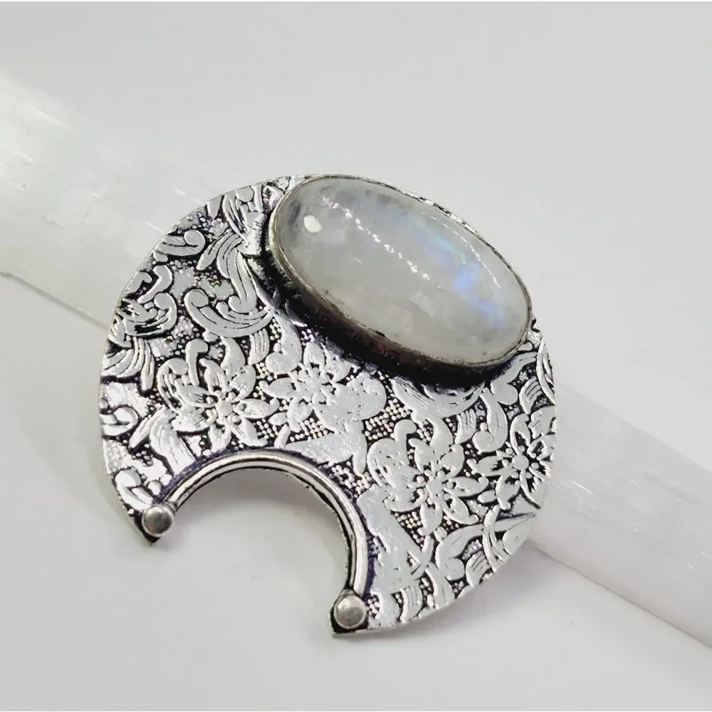 Rainbow Moonstone Sliver Plated Antique Style Pendant Size 1.4